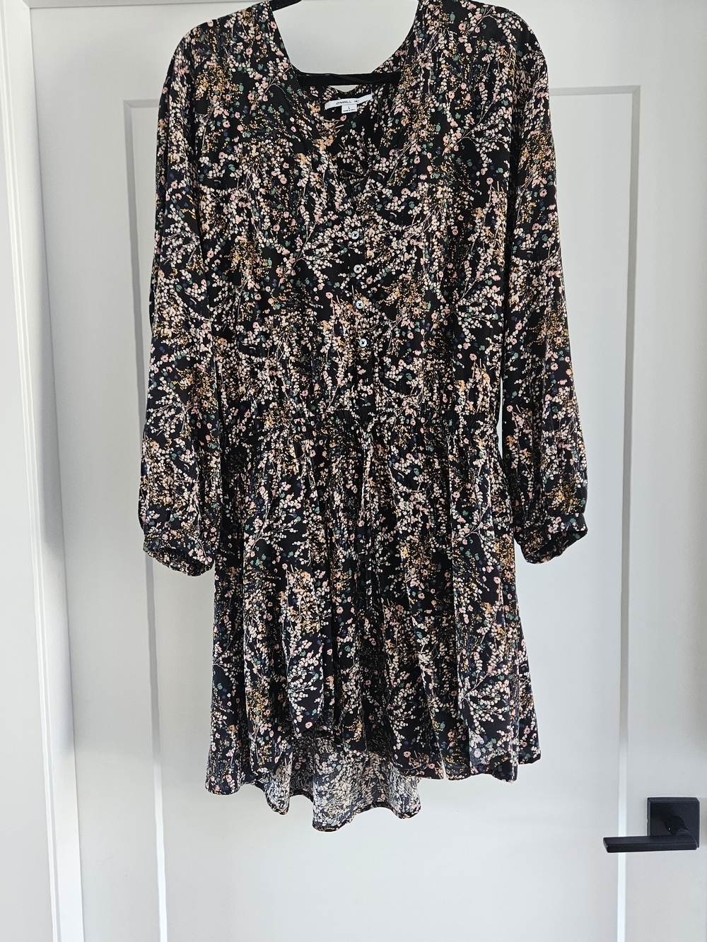 O'Neill Black Floral Long-Sleeve Cinch Waist Dress Size Large